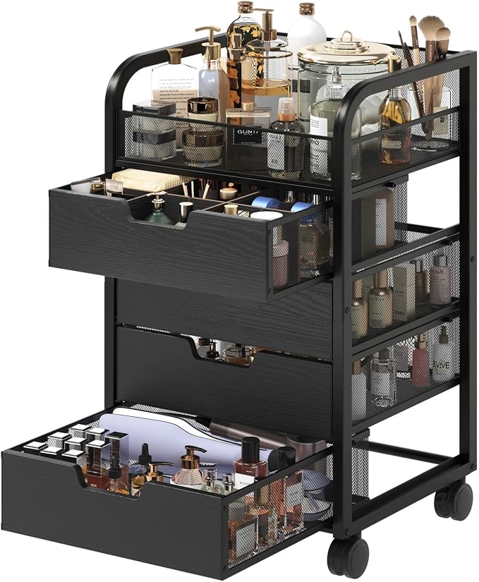 Makeup Organizer Cart with 4 Drawers, Vanity Storage Drawer Carts with Dividers, Nail Cart Organizer Cosmetic Display Cases Cabinet for Skin Care, Nail Polish, Perfume, Black