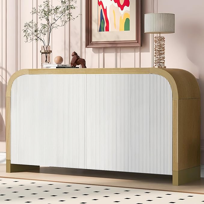 Amposei Modern Curved Sideboard Cabinet 59.8-Inch Entryway Console Table Accent Storage Cabinet with Doors & Adjustable Shelves for Living Room Hallway, White
