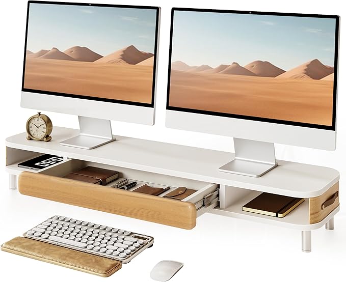 Fenge Dual Monitor Stand with Large Storage Drawer, 42.5" Dsek Shelf, White | Slide-Out Drawer, Ergonomic Monitor Riser, Aluminum leg, 2-Tier Desk Organizer for Laptop, TV, PC