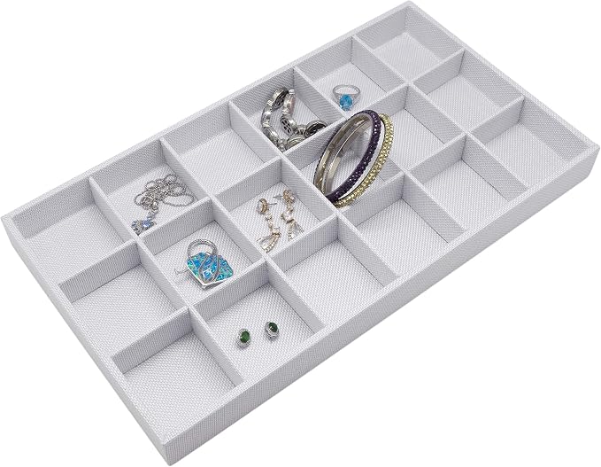 The Display Guys - Stackable Jewelry Tray and Organizer - for Drawers, Dressers, Store Display (18 Compartments, White Burlap)