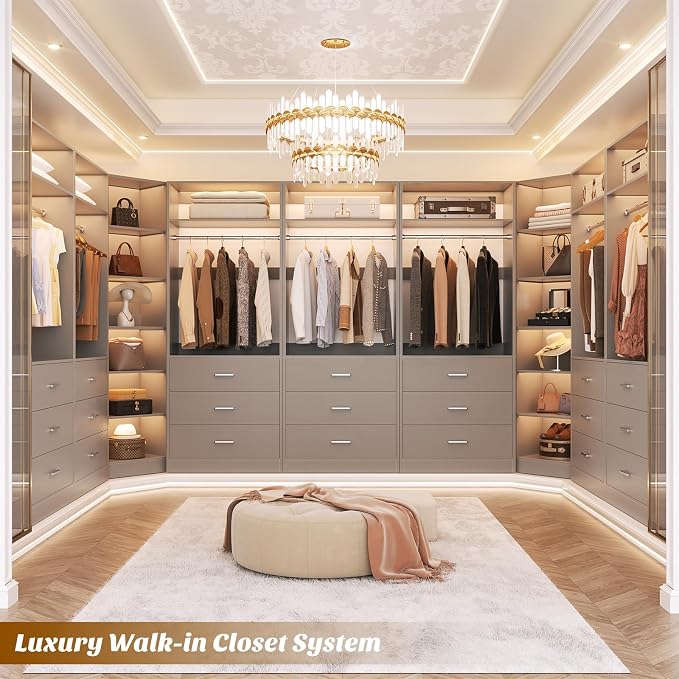 Besiost Closet System with 6 Drawers & 10 Shelves, Corner Closet Organizer System, Reversible Walk-in Closets, (L-Shaped 31.5" L * 31.5" W / I-Shaped 62.9" L * 15" W), Load 1500+LBS, Grey
