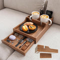 2-in-1 Couch Tray with Cup Holders and Drawer Storage | Acacia Wood Sofa Arm Tray Table, Sofa Organizer for Remote Controls, Snacks, Drinks, Living Room Furniture Accessories
