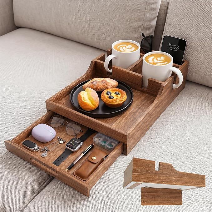 2-in-1 Couch Tray with Cup Holders and Drawer Storage | Acacia Wood Sofa Arm Tray Table, Sofa Organizer for Remote Controls, Snacks, Drinks, Living Room Furniture Accessories