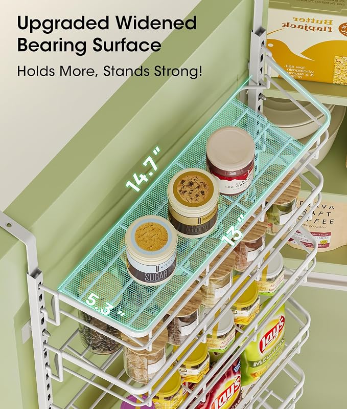 Apinol Over The Door Pantry Organizer, 8 Tier Adjustable Pantry Door Organization and Storage, Spice Rack with Hooks Mounted Shelves for Pantry Kitchen Essentials, White