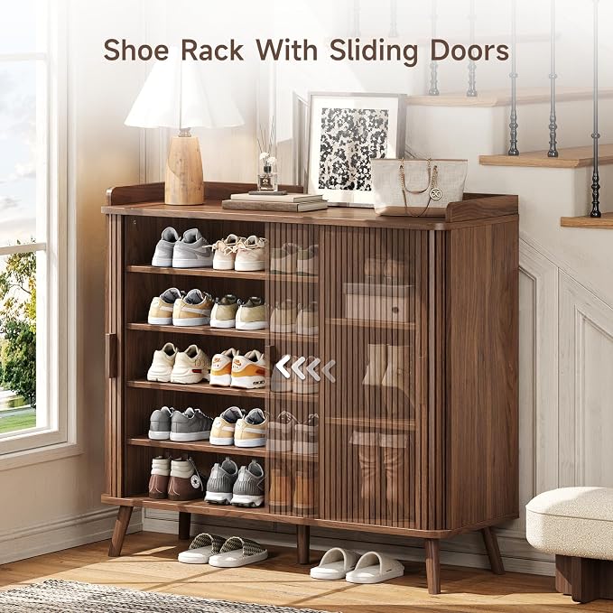 Shoe Cabinet with Sliding Door, 5-Tier Hidden Shoe Rack with Adjustable Shelves, Wooden Shoe Storage Organizer with Open Bottom Space, Freestanding Shoe Shelf for Entryway Hallway Apartment, (Walnut)