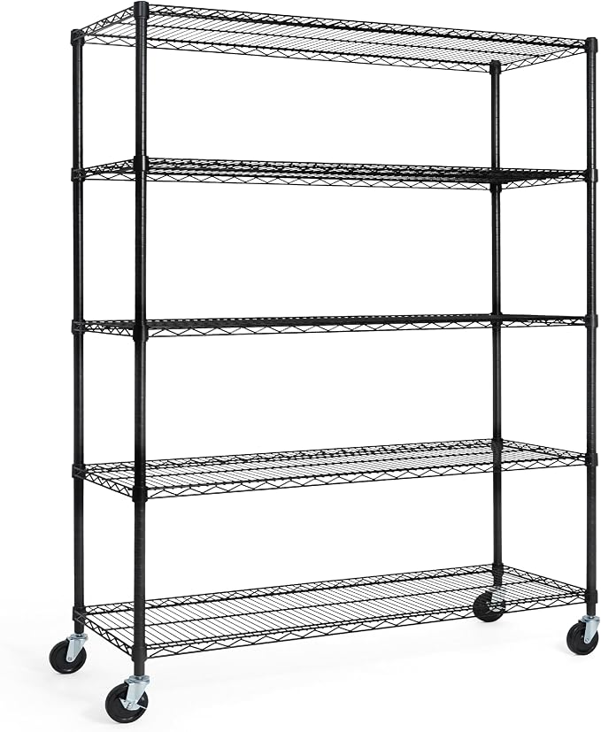CAPHAUS NSF Commercial Grade Wire Shelving w/Wheels, Leveling Feet & Liners, Storage Metal Shelf, 48 x 18 x 76 5-Tier No Liner (RWW-CH48185HDW-BK@CH-CM)