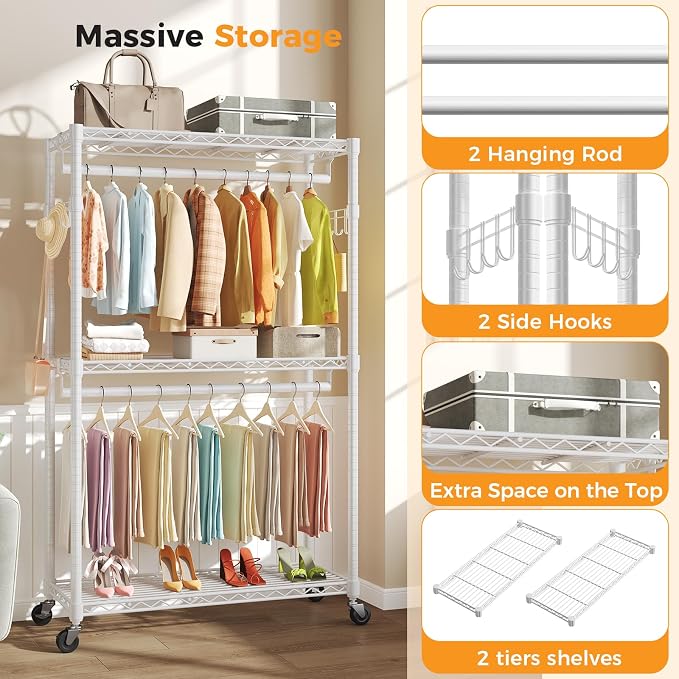 NEWBULIG Heavy Duty Clothing Rack with Wheels, 3-Tier Adjustable Wire Garment Rack, Metal Freestanding Closet Organizer System with Double Hanging Rods & 8 Side Hooks, 47"x17"x80", White
