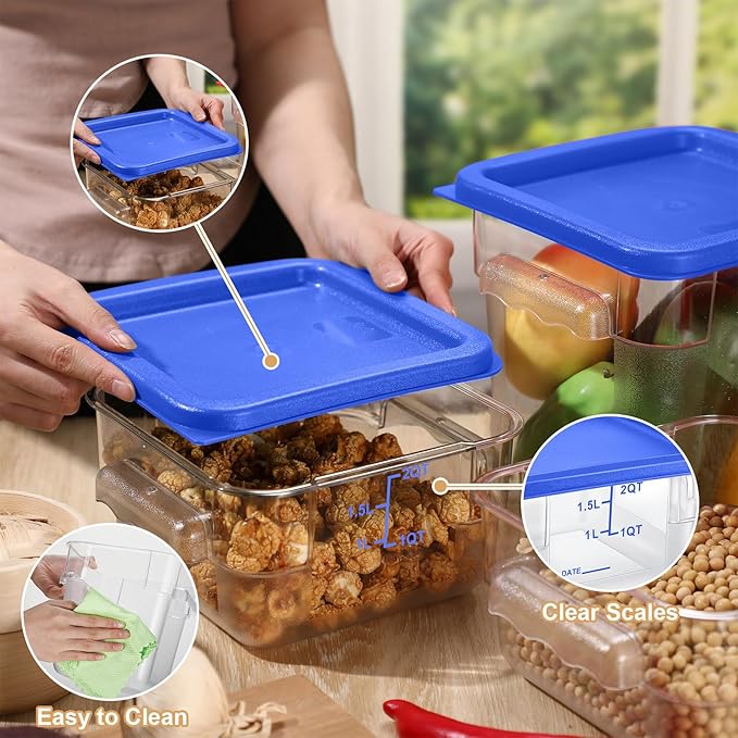 Barydat 4 Pcs Square Food Storage Containers with Lids Measurement Scales, 2qt & 4qt Clear Plastic Stackable Containers for Dough Proofing Baking Kitchen Restaurant and Pantry Organization(Blue)