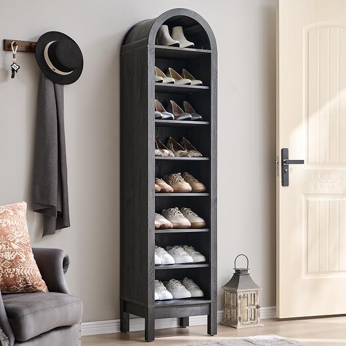 IFGET 71" Tall Arched Shoe Storage Cabinet, 8 Tiers 16 Pairs Wooden Shoe Rack with 3 Adjustable Shelves, Freestanding Shoe Closet Shelf Organizer for Entryway, Hallway, Living Room (Dark Grey)