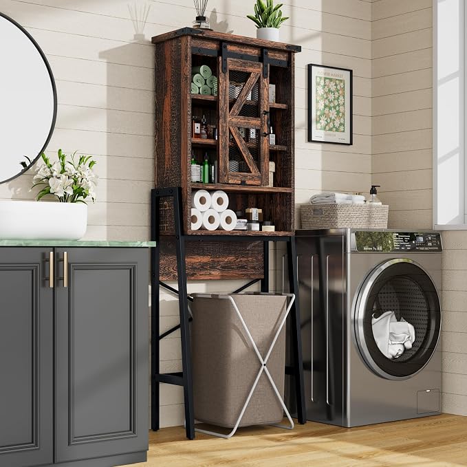 kepptory Over The Toilet Storage Cabinet with Sliding Barn Door, Over Toilet Bathroom Organizer with Adjustable Shelves and Metal Frame, Farmhouse Space Saver The Toilet Rack (Brown)