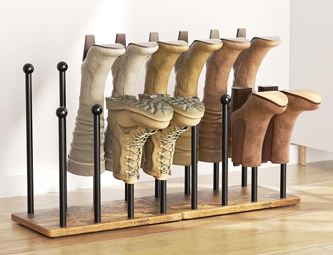 pickpiff Boot Rack 8-Pair Shoe Organizer Tall 16.4'' Free Standing Shoes Holder Metal With Wood Base