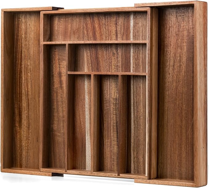 Fibogollo Expandable Kitchen Drawer Organizer,Acacia Wood Silverware Organizer,Adjustable Flatware Tray for Utensils(16.93 * 13.19~22.44 * 1.97)