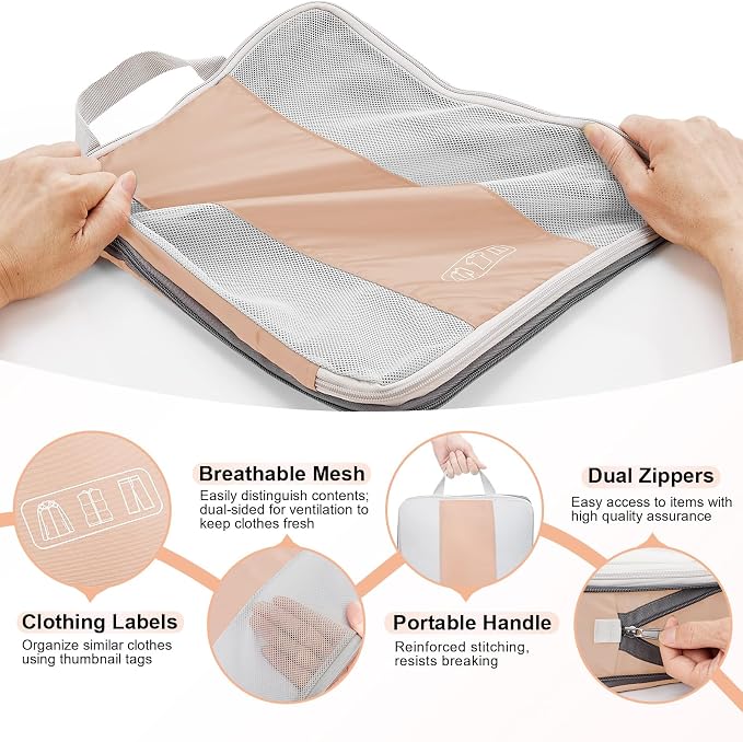 OlarHike 10 Set Compression Packing Cubes for Travel Essentials,Compressible Expandable Space Saver Bags for Organizing Clothes,Luggage Suitcase Garment Bags with Over 1000 pcs Mesh Holes(Gold)