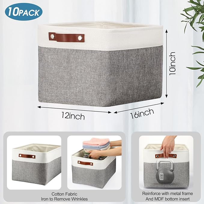Uiifan 10 Pcs Collapsible Storage Bins Fabric Foldable Storage Basket with Handles Cloth Organizer Linen Shelf Baskets for Shelves Home Closet Nursery Toys(16 x 12 x 10 Inch,Gray and White)