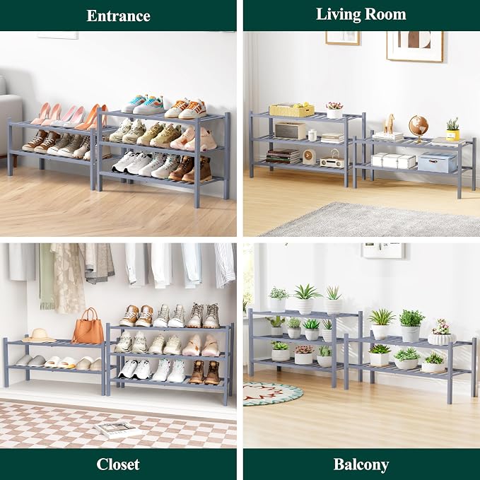 Smiry Bamboo Shoe Rack for Closet, 5 Tier Wooden Shoe Organizer, Stackable Wood Shoe Storage Shelf for Entryway, 14 Vertical Slats, 2+3 Stack Heavy-Duty Legs, 26.77"x11.02"x31.3", Grey