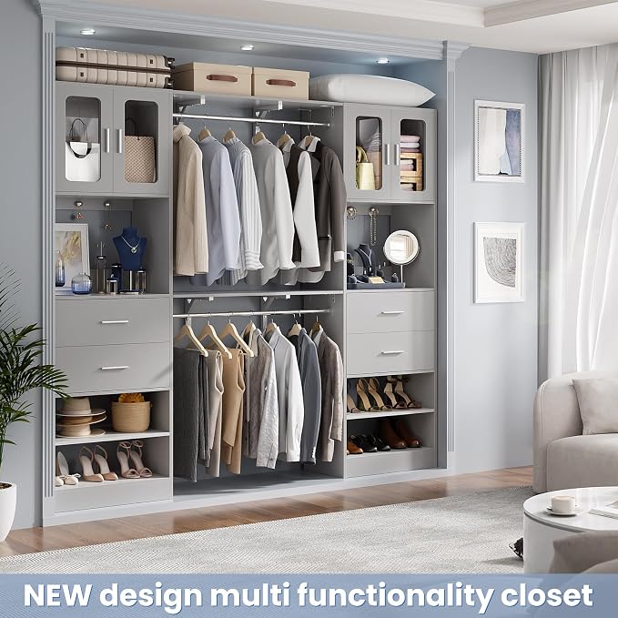 5FT Closet System with Doors and Wooden Drawers, 60'' Reversible Closet Organizer System with Big Wing Shelf and Hanging Rod, 80'' Tall Walk in Wardrobe Closet System with Shelves & Hooks, Grey