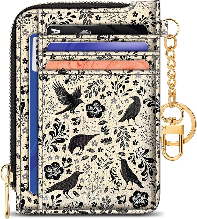 GIANCOMICS Slim Wallet Credit Card Holder Women, Goth Crow Rfid Blocking Small Card Case, Keychain Thin Pocket Curved Zipper Wallet, Travel Card Holder PU Leather ID Window, Ladies Female Gifts