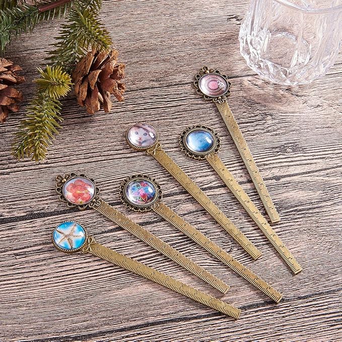SUNNYCLUE 12PC DIY 6 Sets Ruler Pendant Tray Kit Round Cabochon Setting Blanks with Clear Domed Glass Cabochon for Alloy Bookmark Making, Antique Bronze