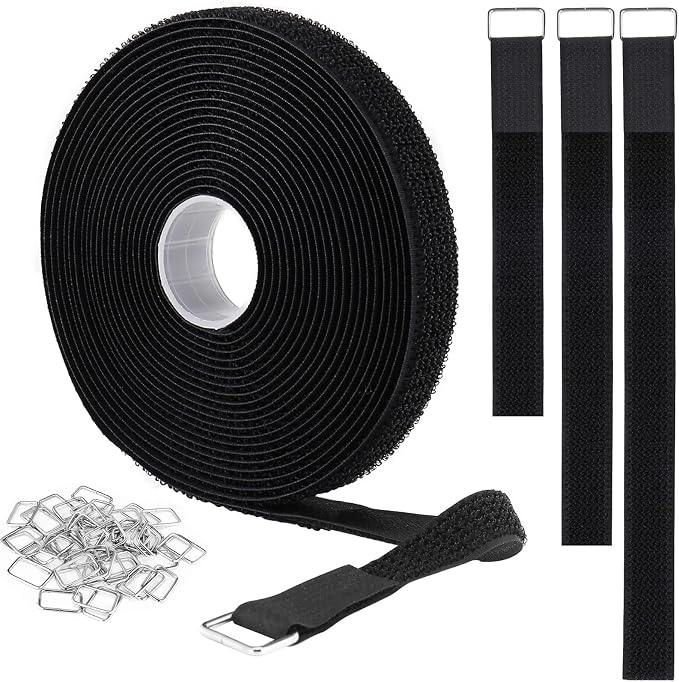 YMCRLUX 1"x16ft Hook and Loop Straps with 25 Metal Buckles, Adjustable Fastening Cable Straps, Cut-to-Length Cinch Strap, Reusable Nylon Securing Cord Ties for Organizer or Storage, 1 inch Wide, Black