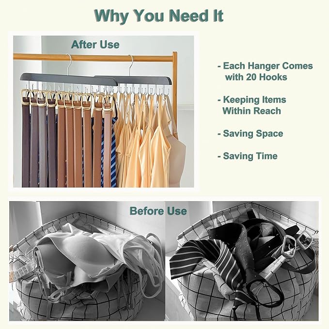 2 Pack Belt Hanger for Closet Organizer,Belt Organizer for Closet | Wooden Belt Storage Organizer with 20 Metal Hooks for Space Saving,Foldable Belt Holder for Belts,Tank Tops,Ties(Black)