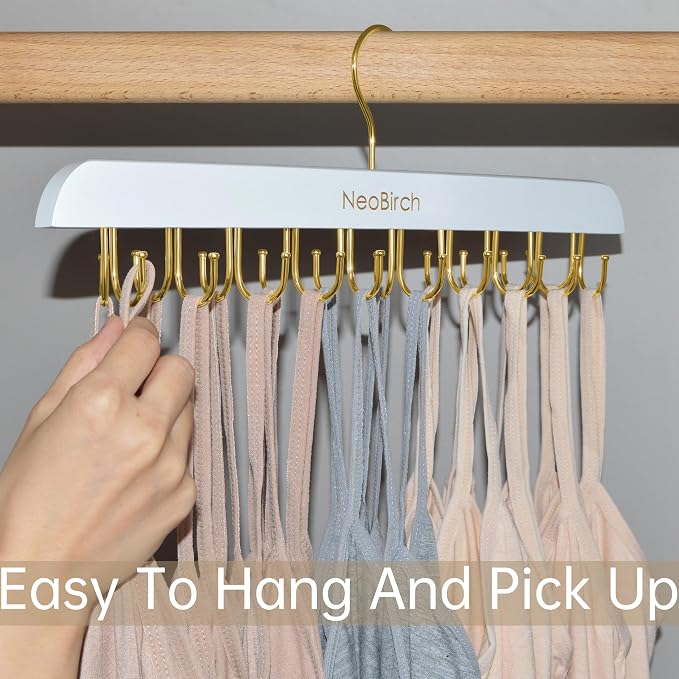 Bra Hanger for Closet Organizers and Storage | Space Saving Wooden Hanger | 20 Steel Hooks for Tank Tops, Camis, Hats, Lingeries, Belts, Ties, Scarfs Holder| 360° Rotating Non-Slip (1, 2 Pack White)
