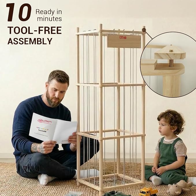 Kiddocood Kids CPC & TIC Certified Stuffed Animal Storage - 3-Tier Large Natural Solid Wood Plush Toy Organizer & Holder, Corner Solution for Playroom & Nursery, BPA-Free & Zero Glue, 53"H
