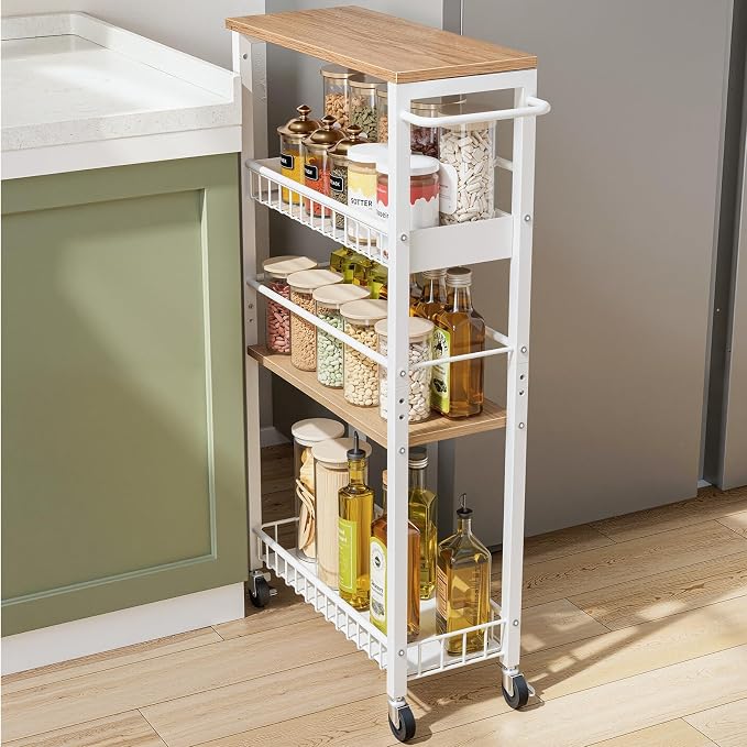 Slim Rolling Storage Cart, 4 Tier Narrow Storage Cart, 7.1in(W) | Metal Kitchen Rolling Cart for Small Spaces, Narrow Shelf for Kitchen, Laundry Room, Bathroom, Living Room