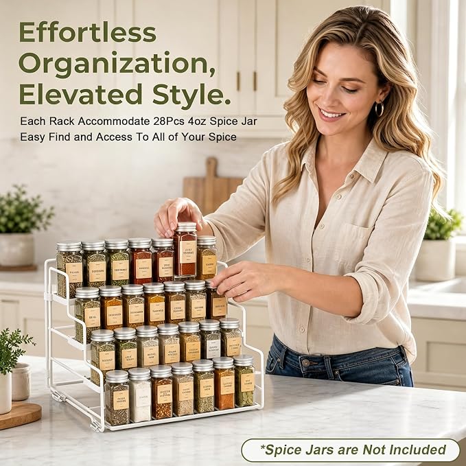 4-Tier Spice Rack Organizer for Cabinet, Adjustable Tiered Seasoning Holder, Metal Spice Shelf Organization for Kitchen, Countertop Cupboard Pantry, Space Saving Storage Shelf, Stepped Display Riser