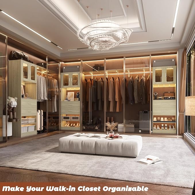 5FT Closet System with Doors and Wooden Drawers, 60'' Reversible Closet Organizer System with Big Wing Shelf and Hanging Rod, 80'' Tall Walk in Wardrobe Closet System with Shelves & Hooks, White Oak