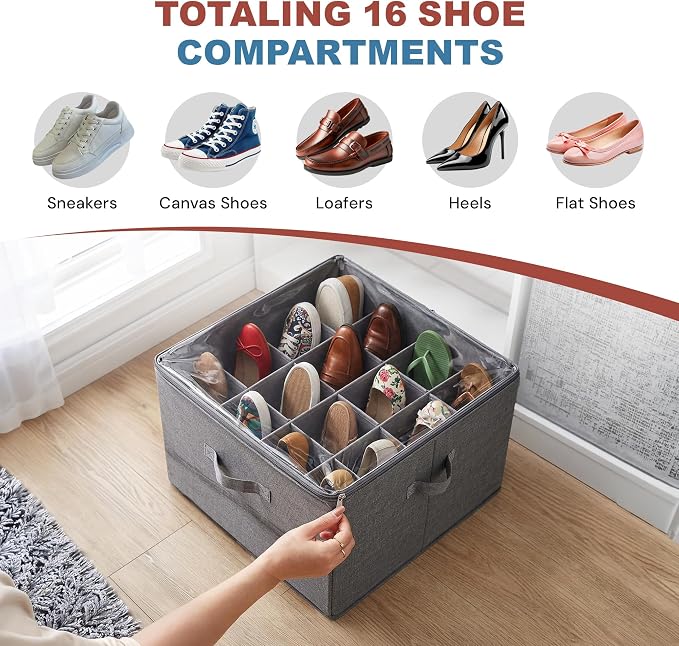 Shoe Organizer for Closet, 16 Compartment Foldable Storage Box with Lids | Milentii 2-Pack Foldable Shoe Organizer with Box Bin, Adjustable Dividers & Clear Cover Closet Storage Fit 16-32 Pairs, Grey