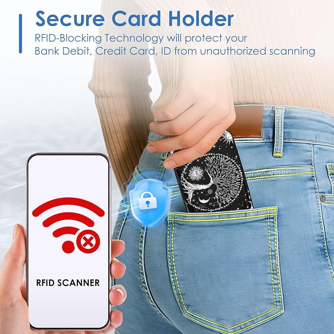 Small Credit Card Holder, RFID Blocking Slim Wallet Business Metal Aluminum Hard Case for Women Men, Cool Star Moon Tree
