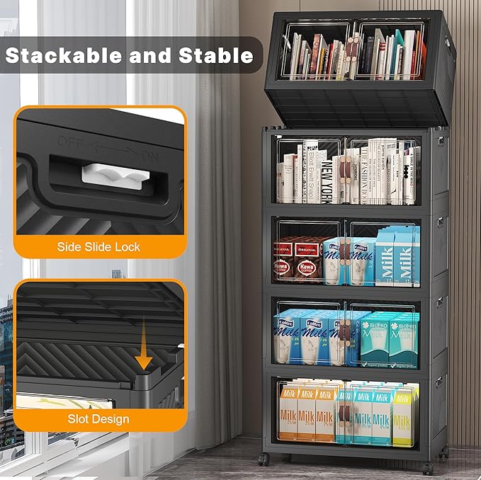 UAMFURI Stackable Storage Bins with Lids, Extra Large Plastic Organizer Cabinet Drawers, 240QT Collapsible Closet Containers with Doors and Wheels,For Bedroom, Kitchen, Office, Garage,(5Pack Cube)