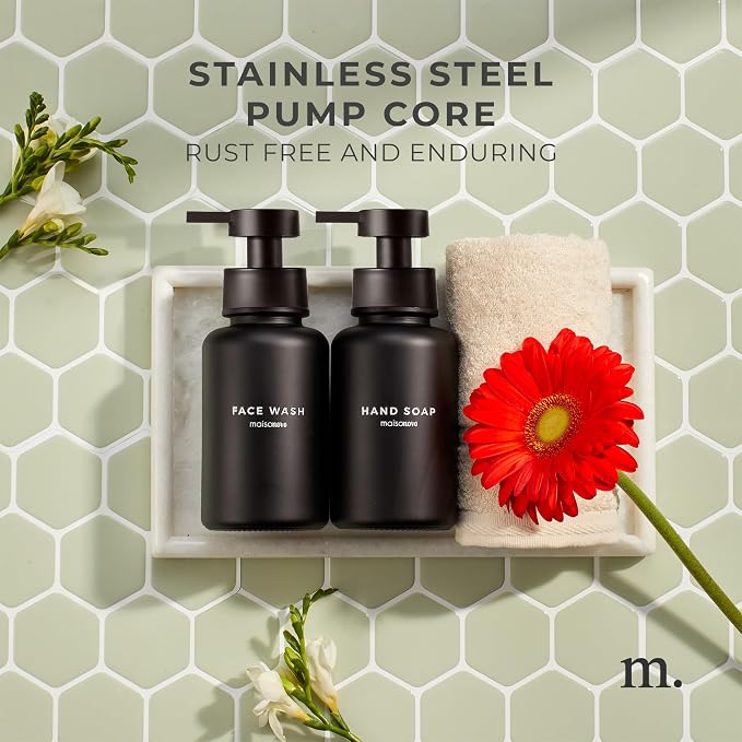 MaisoNovo Glass Foaming Soap Dispenser 14 Oz | Glass Bottles Pumps x 2 Black