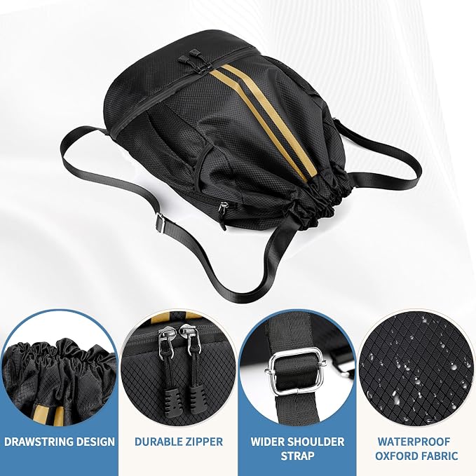 JELUTAR Drawstring Backpack Gym Bag with Shoes Pocket, Black Gold | Water-Resistant String Backpack for Soccer, Basketball, Swim, Beach Cinch for Women Men, 22 L Large Capacity, Wet Pocket