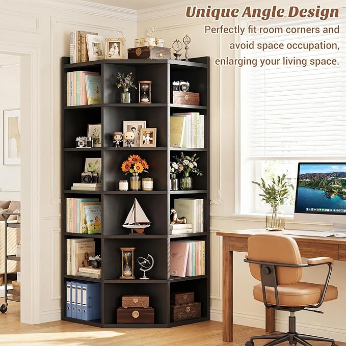 Aheaplus Corner Cube Book Shelf, 7-Tier Corner Storage Cabinet with Top Table, Corner Cube Storage Shelf for Small Space, Wooden L Shaped Cubby Bookcase for Home Office, Bedroom, Living Room, Black