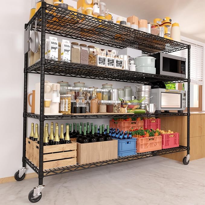 PrimeZone 5 Packs 55.5" W x 24" D x 80" H Heavy Duty Wire Storage Shelves with Wheels, 4 Tier Adjustable NSF Commercial Garage Shelving Unit, Rolling Metal Organizer Shelf Rack for Warehouse, Pantry