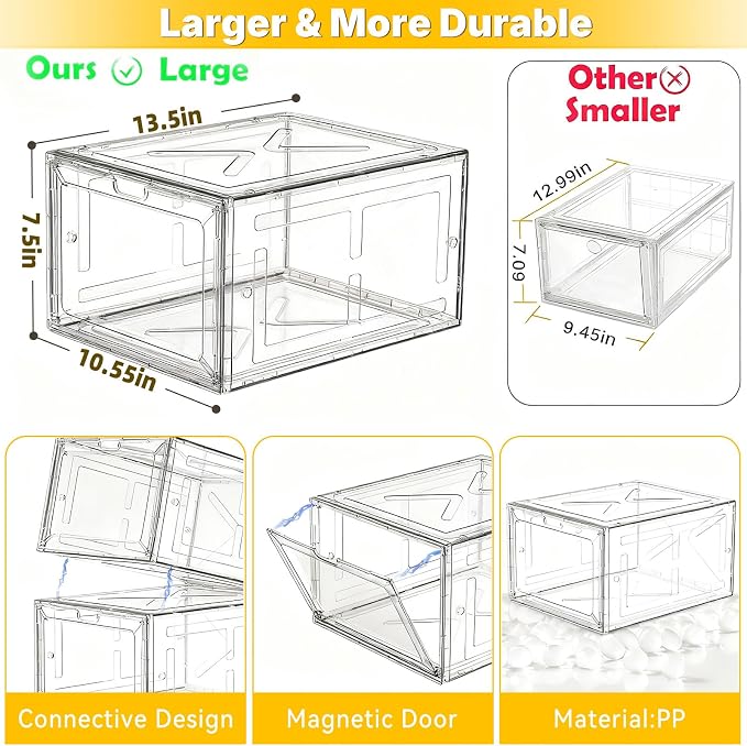Stackable Clear Pink Shoe Boxes 6 Pack with Magnetic Door, Drop Front Sneaker Storage Organizer for Closet, Large Transparent Plastic Shoe Storage Containers