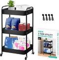 ZOES HOMEWARE 3 Tier Rolling Cart, Metal Utility Cart with 4 Hooks, Rolling Storage Cart on Wheels, Small Organizer Cart for Nursery, Kitchen, Living Room, Bathroom, Black