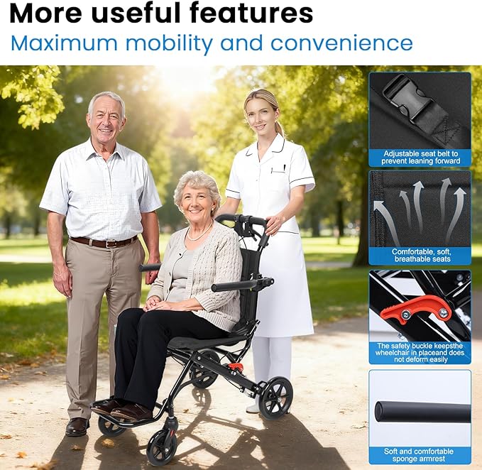 Portable Folding Transport Wheelchair,Transport Wheelchair Lightweight Foldable,Tran Sport Wheelchairs Lightweight Foldable Wheel Chair for Adults,Travel Wheel Chair for Elderly (Black No Pull Rod)