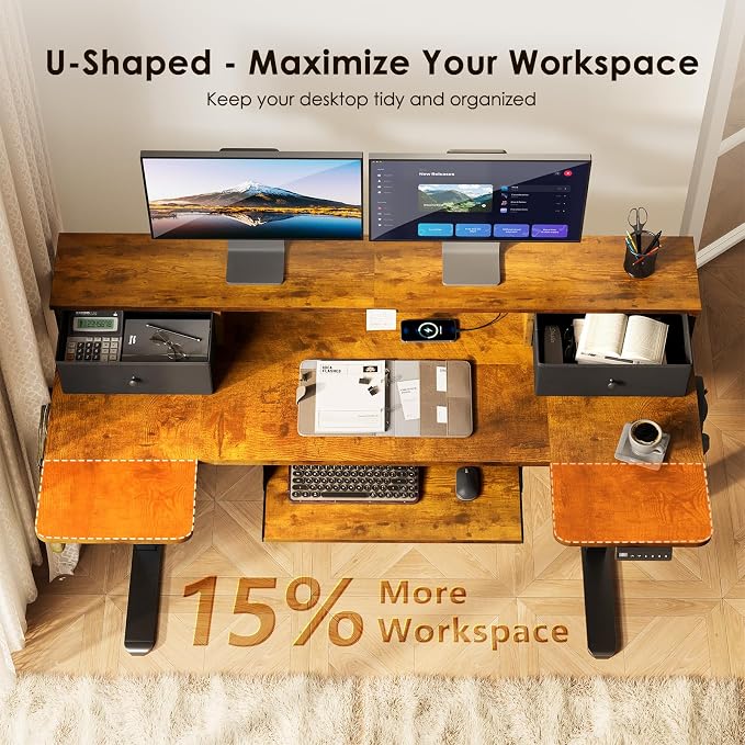 OffiGo 55 Inch U Shape Standing Desk, Keyboard Tray & Drawers, Rustic Brown | 3 Outlets & 2 USB Ports, Dual-Monitor Stand, 10 Colors & 10 LED Modes, 3 Presets, 28.3"-46.5"in Range, 154 lb Capacity