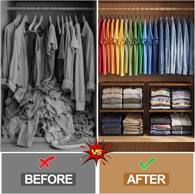 AceOrbit 3 Pcs Widened Stackable Closet Organizers and Storage with Wood Foldable Top Metal Cube Closet Shelf DIY Space Saving Linen Cloth Shoe Bed Sheet Bin for Wardrobe Bedroom(15.6"x12"x8.7", deep)