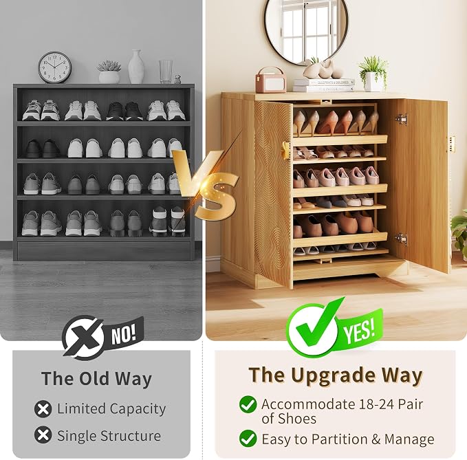 Vlsrka Shoe Storage Cabinet with Doors and 6 Tier Rotating Shelves, Wood | Suitable for 18 Pairs Shoe Organizer, Freestanding, Pull Out Shoe Rack, Wooden Entryway Cabinet for Hallway, Closet, Indoor