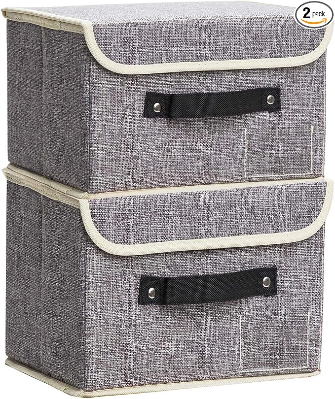 Small Storage Bins with Lids 2 Pack Linen Collapsible Cube Storage Basket with Handle, Jane's Home Foldable Fabric Storage Box with lids for Clothes Closet, Ornament Grey