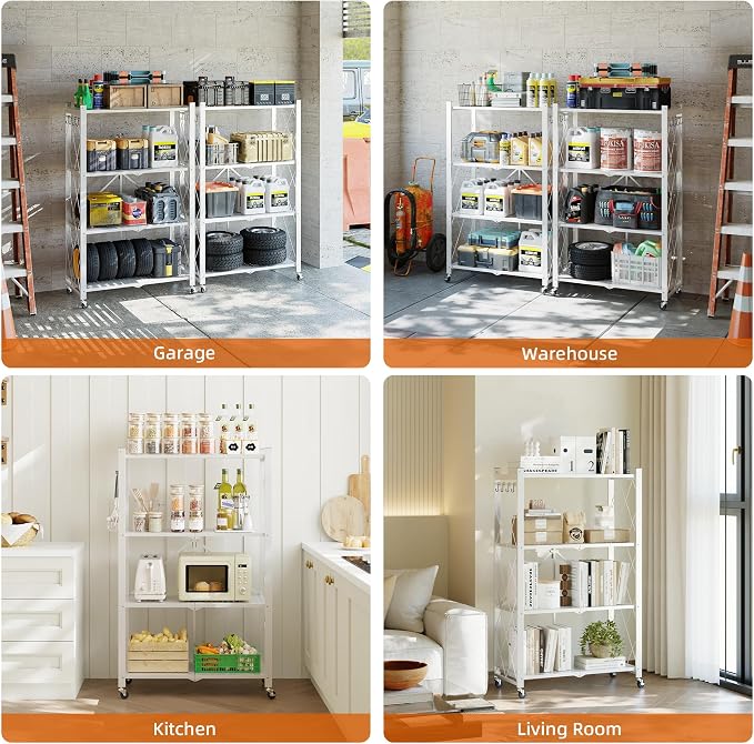 Fenbeli Foldable Shelves with Wheels - 4 Tier Folding Shelf, Collapsible No Assembly Metal Shelving Unit, Origami Storage Shelves & Rolling Storage Rack with 8 Hooks for Kitchen Pantry Garage