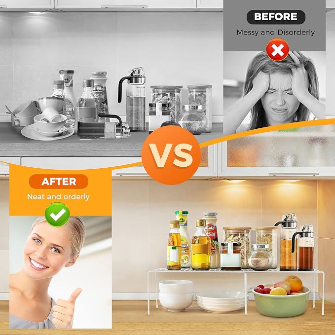 Ravinte 2 Pack Freezer Shelf Organizer, Expandable Cabinet Storage Shelf with Rustproof Metal Wire, Adjustable Kitchen Cabinet Organizer Spice Rack for Frige, Pantry, Cupboard, Countertop - White