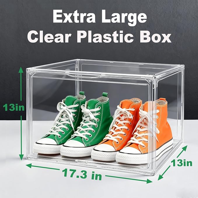 5 Pack XXX-Large Super Large Acrylic Display Case Figures Collectibles Helmet Showcase Boot & Shoe Boxes Clear Stackable Plastic Storage Bins Organizer with Magnetic Lid, 5 Pack with 2 Shoe Bags