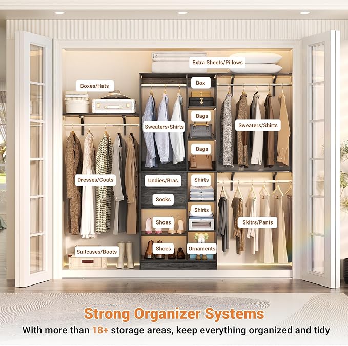 Armocity 8FT Heavy Duty Wood Closet System, 1500 LBS+ Capacity Wall Mounted Walk-in Closet Organizer with 2 Drawers & 4 Hanging Rods, 96'' Custom Bedroom Storage Wardrobe, Oak