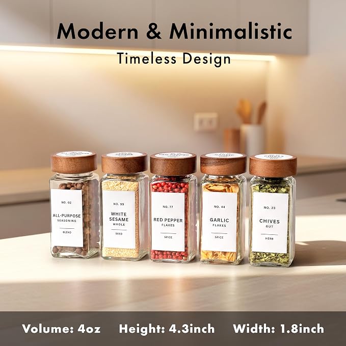 EDELHAUS Glass Spice Jars with Label, 24x Acacia Wooden Lids - White Labels | Airtight Lids keep spices fresh, Kitchen Spice Drawer Organizer, 4oz Seasoning Containers incl. Funnel, Brush & 240 Labels