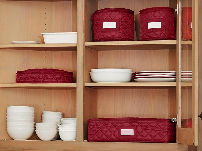 Covermates Keepsakes Dish Storage Set – Padded China & Dinnerware Storage Cases with Dividers, Cup & Stemware Storage, Quilted Polyester Protection, ID Window, Red