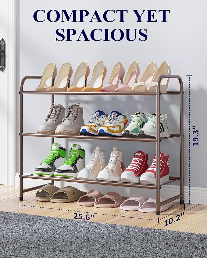 Kitsure Shoe Rack - Stainless Steel Shoe Organizer, Sturdy Shoe Rack for Closet and Front Door Entrance, Free Standing Shoe Shelf, Closet Organizers and Storage, 25.6" Wide - 3 Tier, Brown